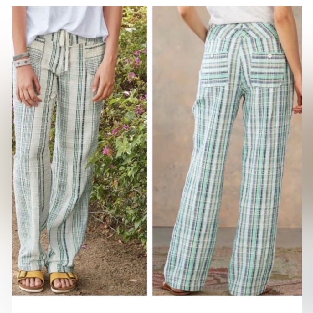 Sundance Gigi Pants Green Blue White Plaid Cotton Straight Leg Pockets S